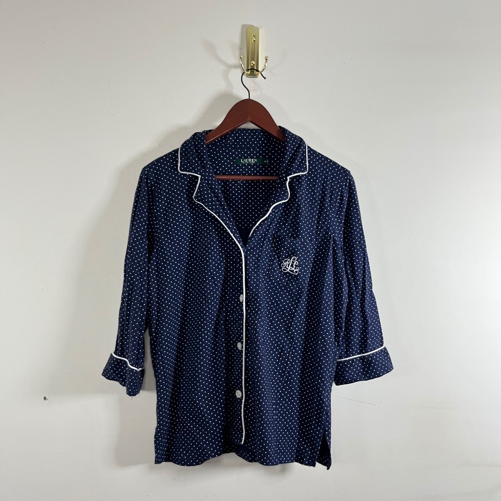 Lauren Ralph‎ Lauren Polka Dot Pajama Set Navy White Cotton Capri Pants Medium - Picture 2 of 8